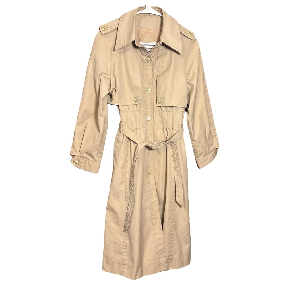 Vintage Brooks Women's Trench Coat Size 11/12 Beige Belted Lined Made In Korea - Picture 1 of 10